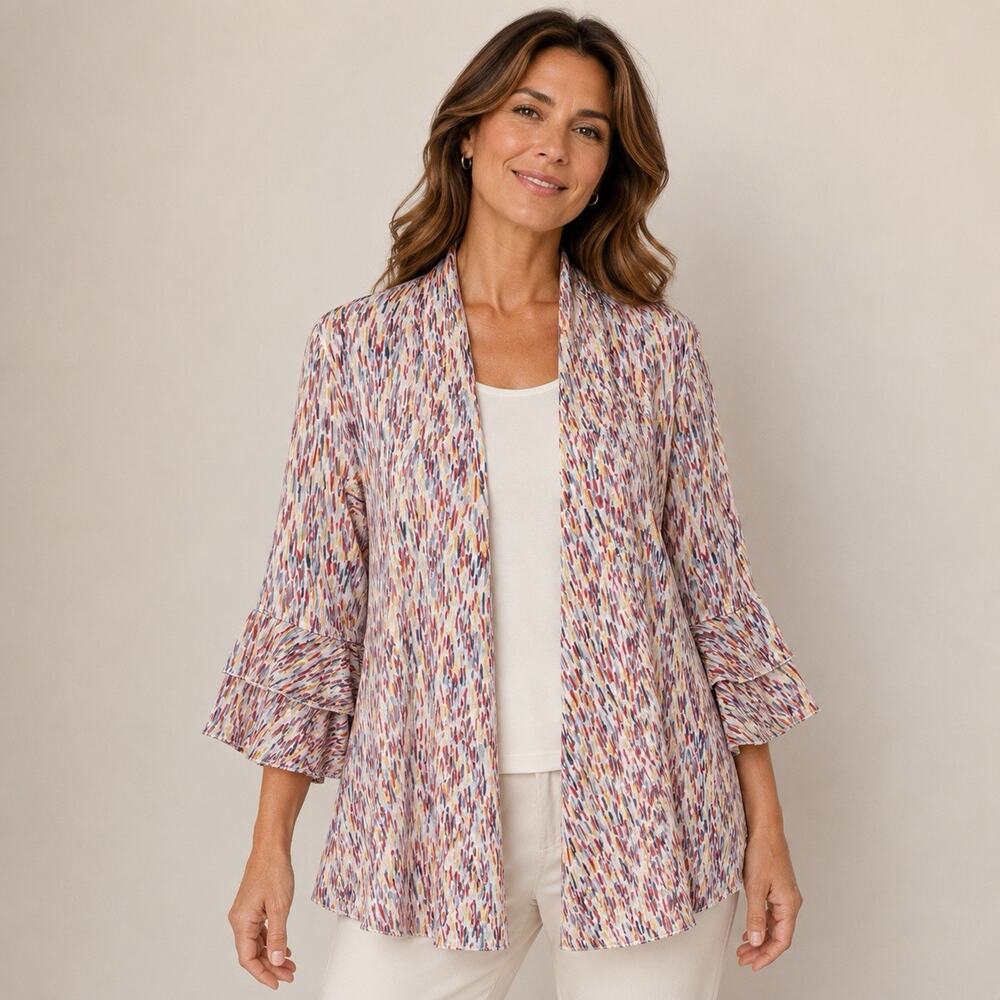 Multiples Colorful Mesh Knit Cardigan Large Dotted Ruffle Sleeve Open Shrug